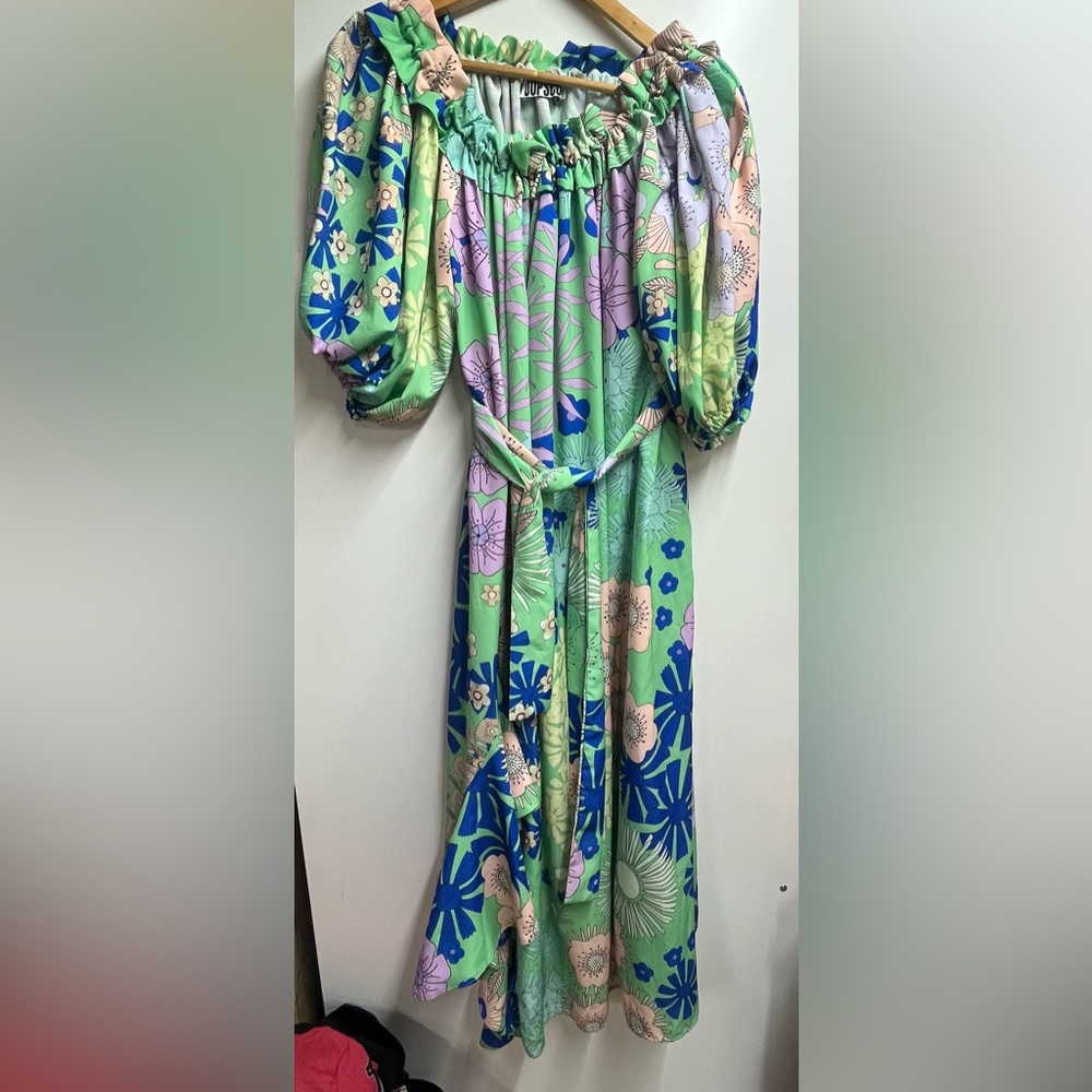 Oopscool NEW Anthropologie Floral Off-Shoulder Dress in Green and Blue size XS - Picture 5 of 11